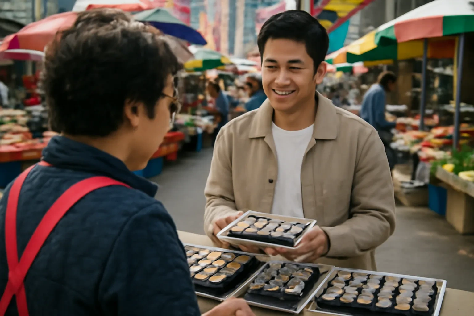 Chàng trai Việt Nam mua kimbap ở một sạp hàng trong chợ truyền thống Seoul