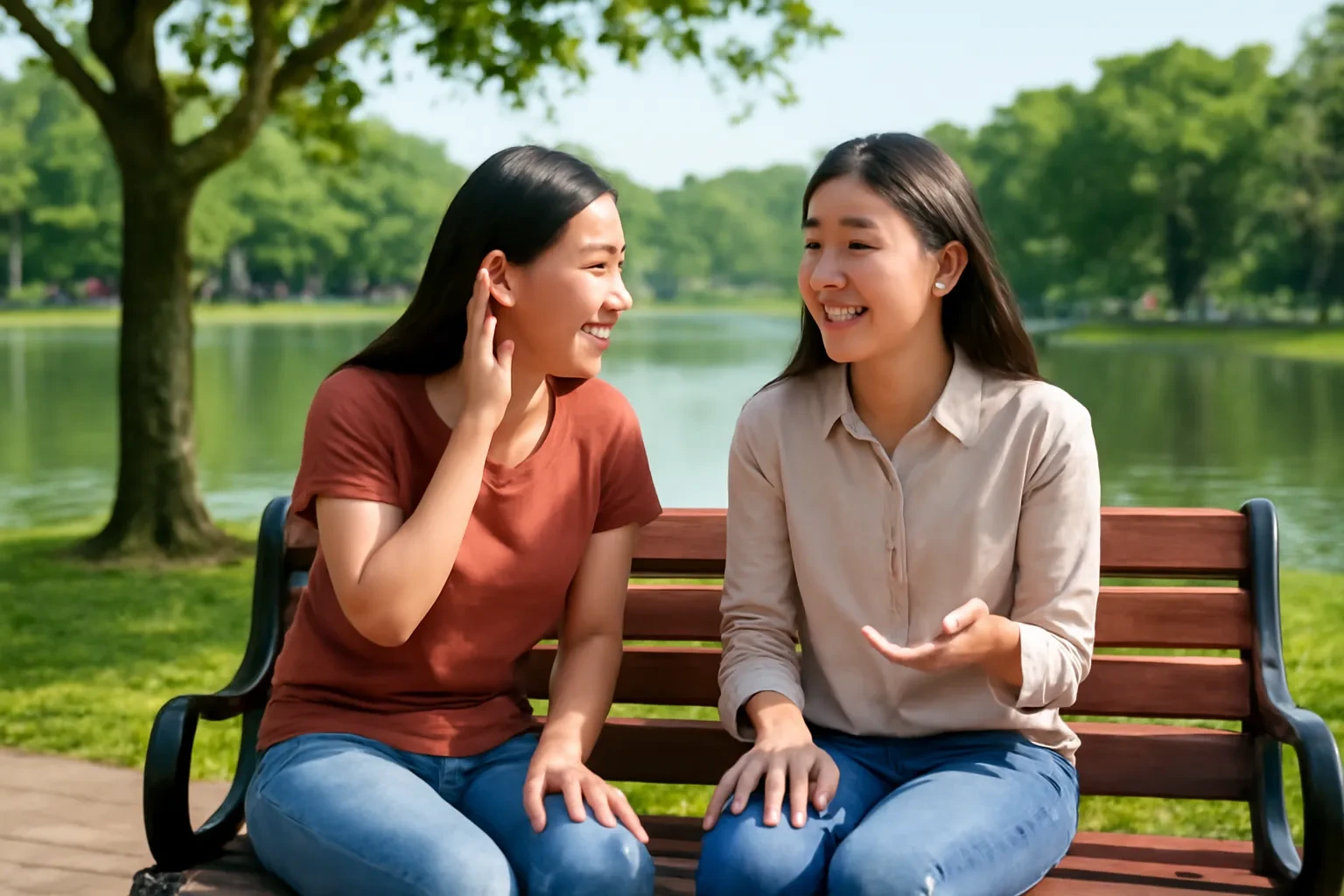 Hai cô gái Việt Nam ngồi ghế đá ven hồ ở Hà Nội cùng luyện nói, một người khum tay sau tai lắng nghe