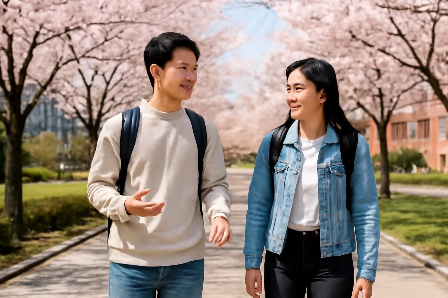 Hai sinh viên Việt Nam vừa đi vừa trò chuyện dưới hàng hoa anh đào trong khuôn viên trường ở Seoul