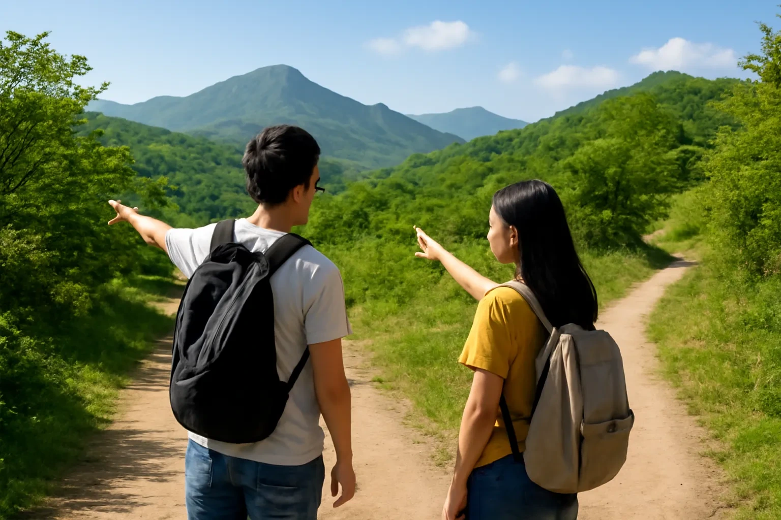 Hai người bạn Việt Nam đứng ở ngã rẽ đường mòn leo núi, mỗi người chỉ một hướng