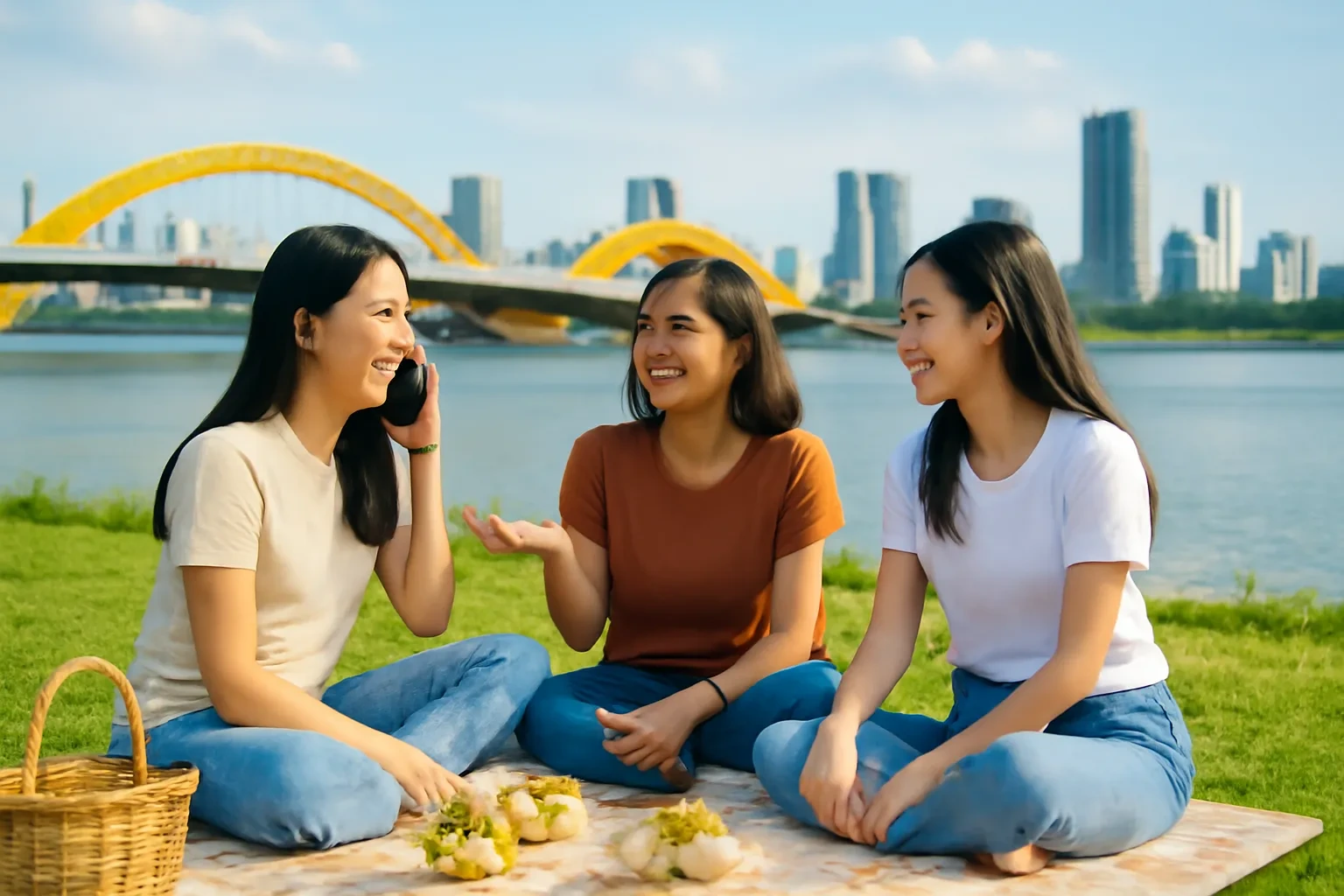 Cô gái Việt Nam vừa nghe điện thoại xong quay sang nói lại với hai người bạn đang ngồi picnic bên sông Hàn