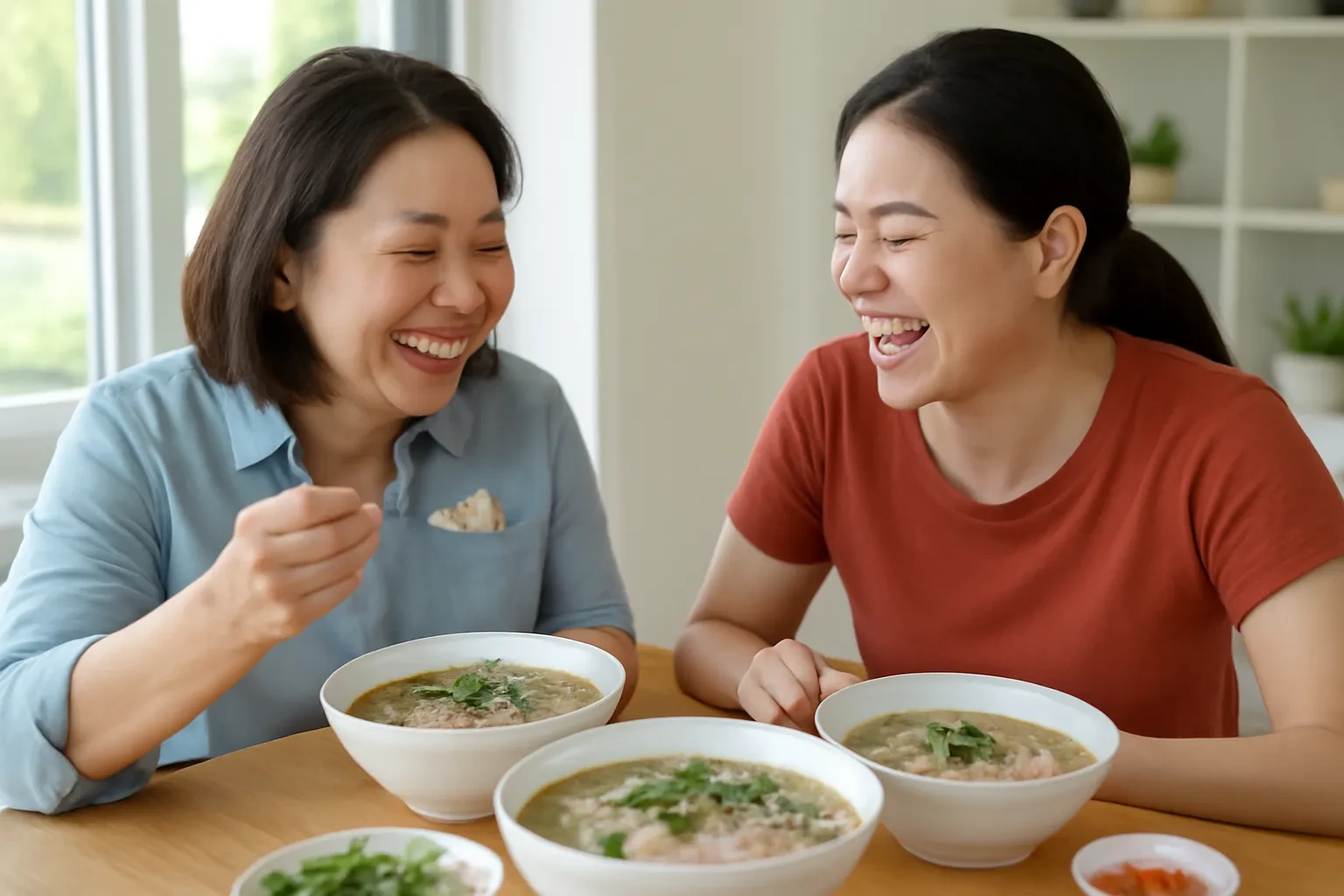 Người phụ nữ Hàn nếm thử bát phở do cô gái Việt Nam nấu, cả hai cùng cười bên bàn ăn