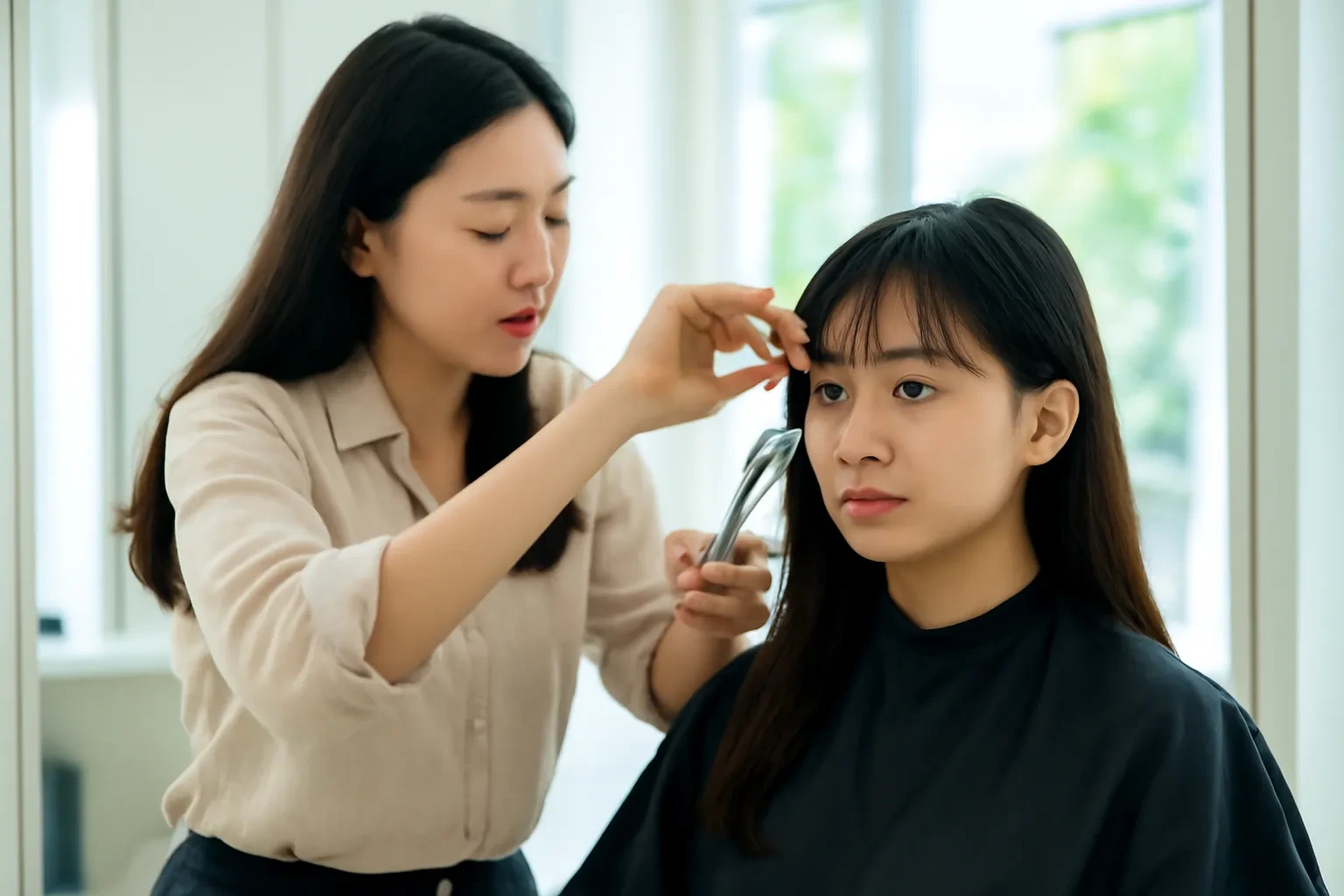 Thợ làm tóc người Hàn đang tỉa tóc mái cho cô gái khoác áo choàng đen trong tiệm sáng sủa