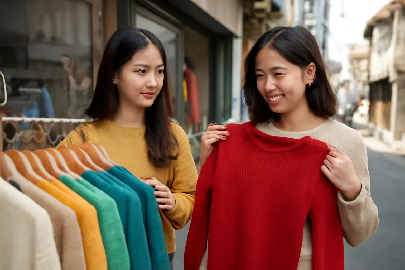 Hai cô gái Việt Nam chọn áo len nhiều màu trong một cửa hàng quần áo nhỏ ở Seoul