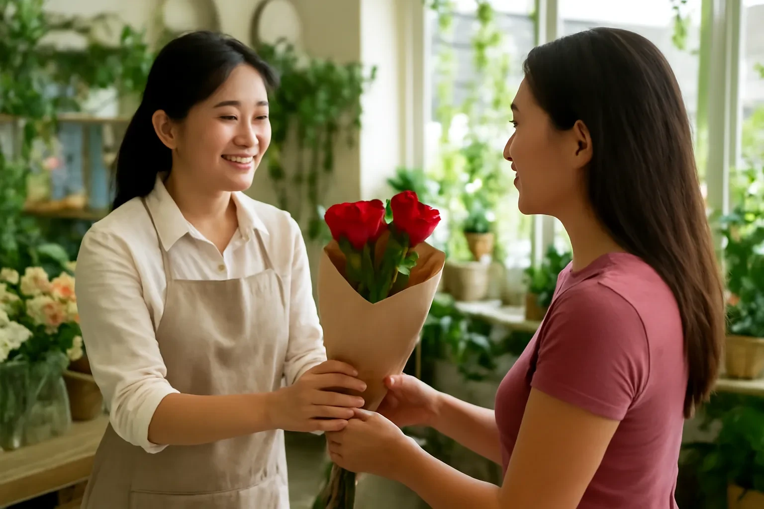 Người bán hoa Hàn Quốc trao ba bông hồng đỏ cho cô gái Việt Nam trong tiệm hoa nhỏ