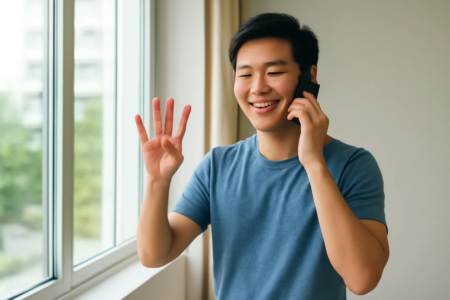 Chàng trai Việt Nam đứng cạnh cửa sổ căn hộ nghe điện thoại, tay giơ bốn ngón như đang báo số người