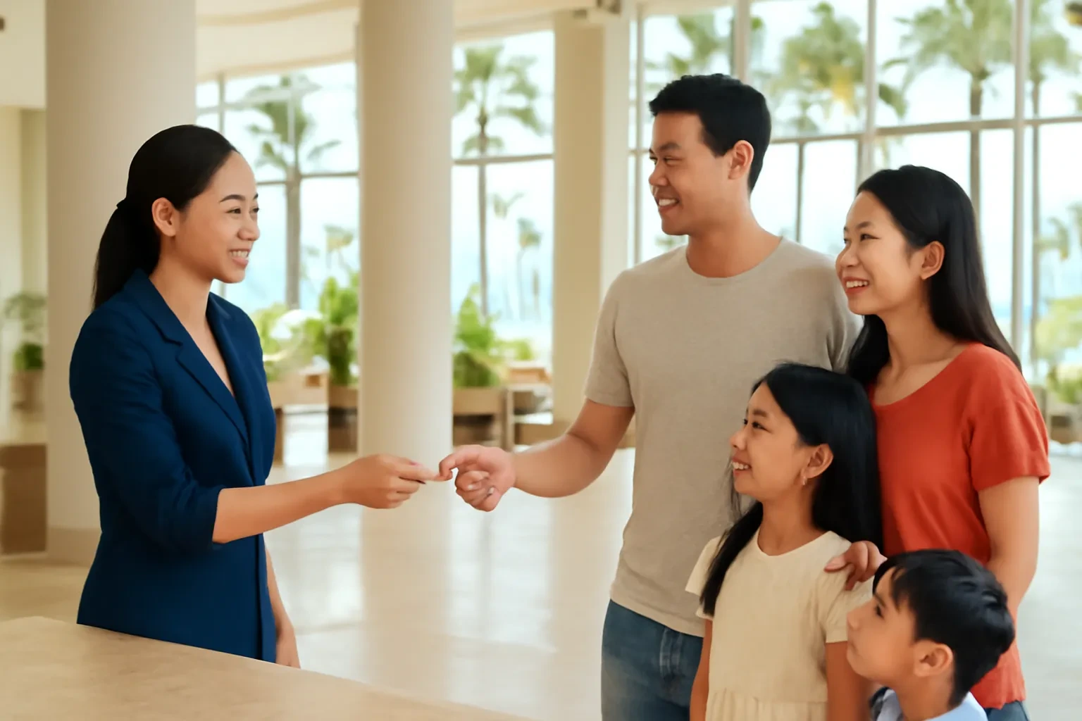 Lễ tân Việt Nam mỉm cười trao thẻ phòng cho gia đình khách Hàn ở sảnh khu nghỉ dưỡng Đà Nẵng