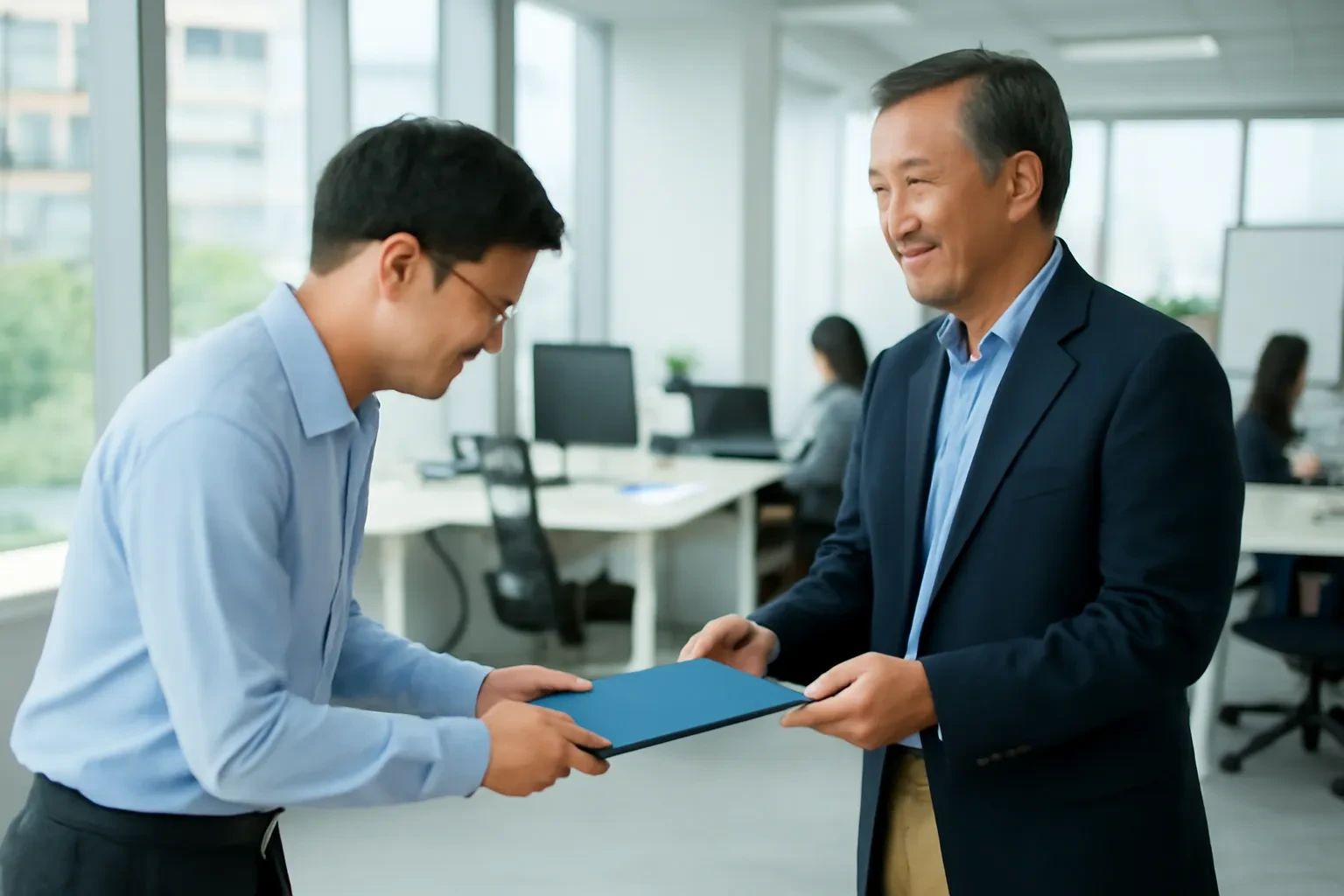 Nhân viên trẻ hơi cúi người đưa tập hồ sơ xanh cho quản lý người Hàn trong văn phòng sáng sủa