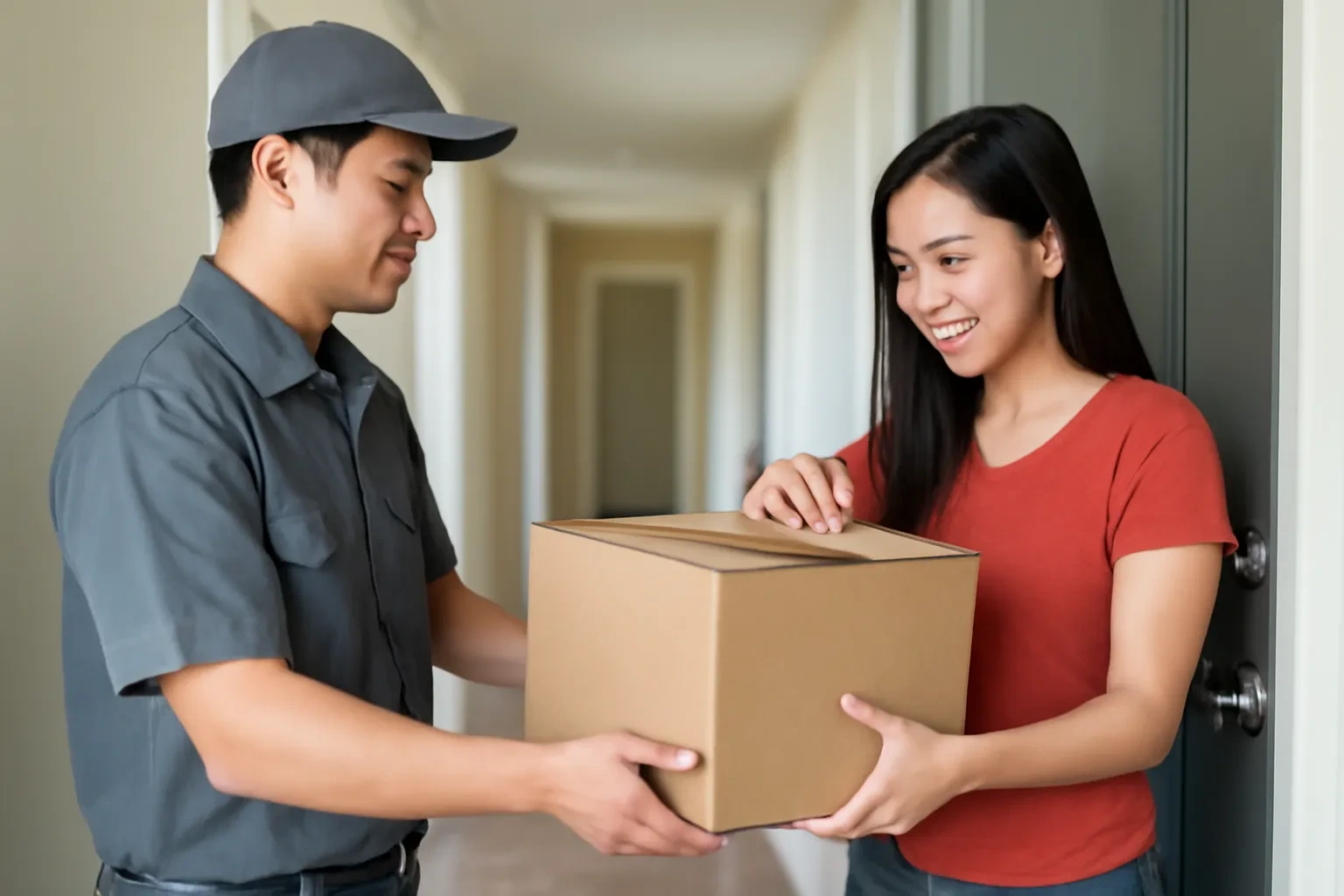 Nhân viên giao hàng người Hàn đặt thùng carton cạnh cửa căn hộ khi cô gái Việt Nam mở cửa