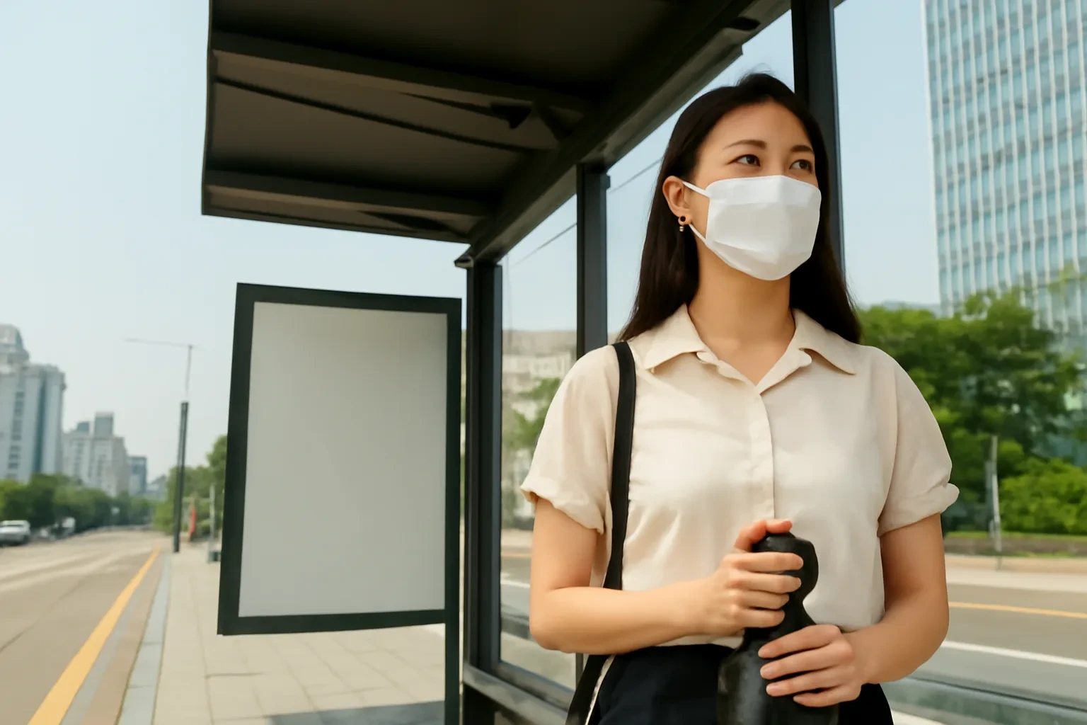 Cô gái Việt Nam đeo khẩu trang trắng đứng chờ xe buýt ở Seoul dưới bầu trời mờ bụi, tay cầm ô gấp