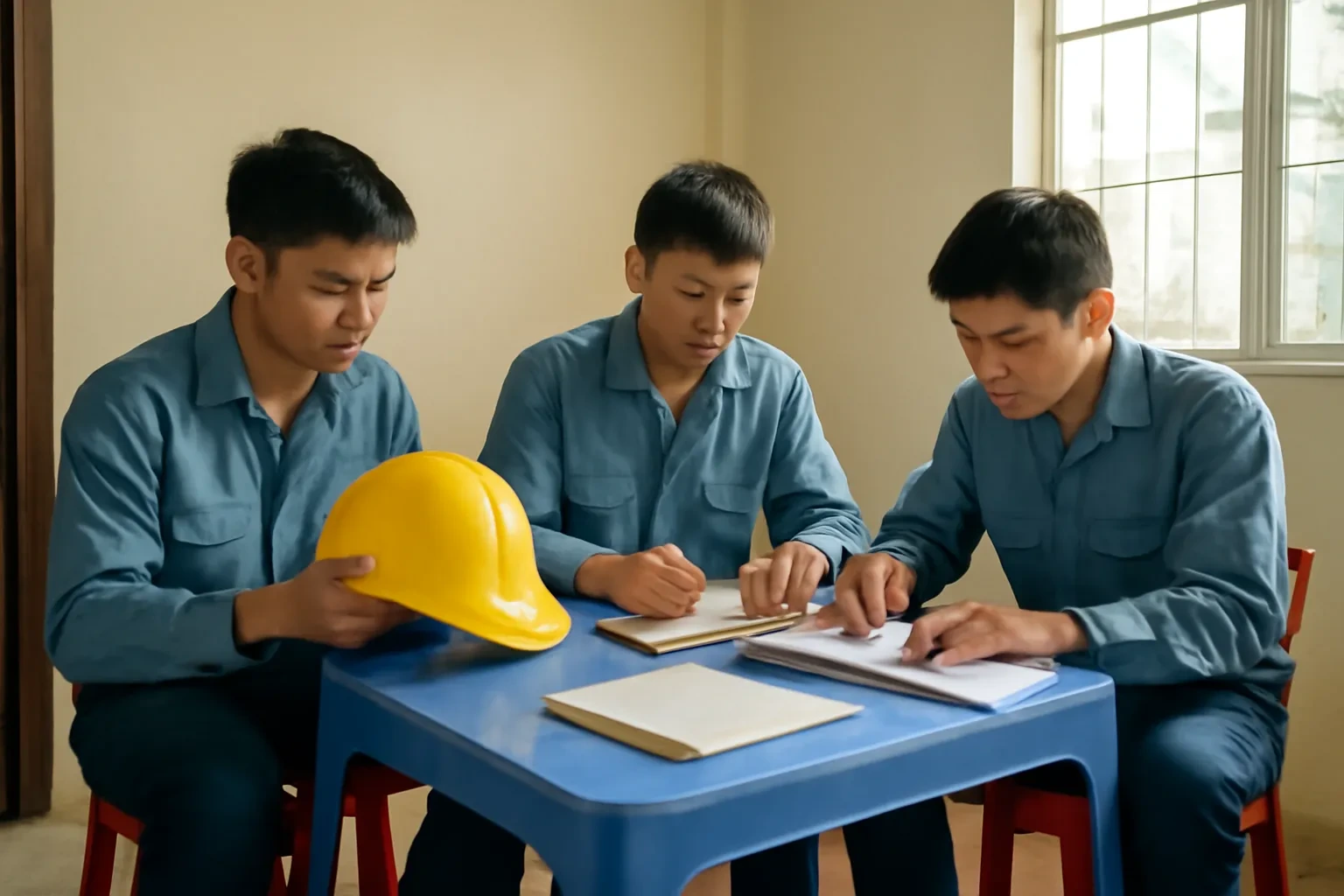Ba thanh niên mặc đồ bảo hộ ngồi ôn bài quanh bàn nhựa, một người cầm mũ bảo hộ vàng